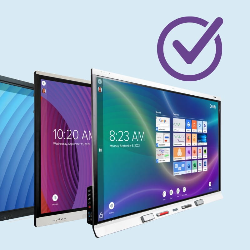 Three SMART boards are showcased, accompanied by a single checkmark at the top, symbolizing their collective preparedness to facilitate engaging and dynamic educational experiences.