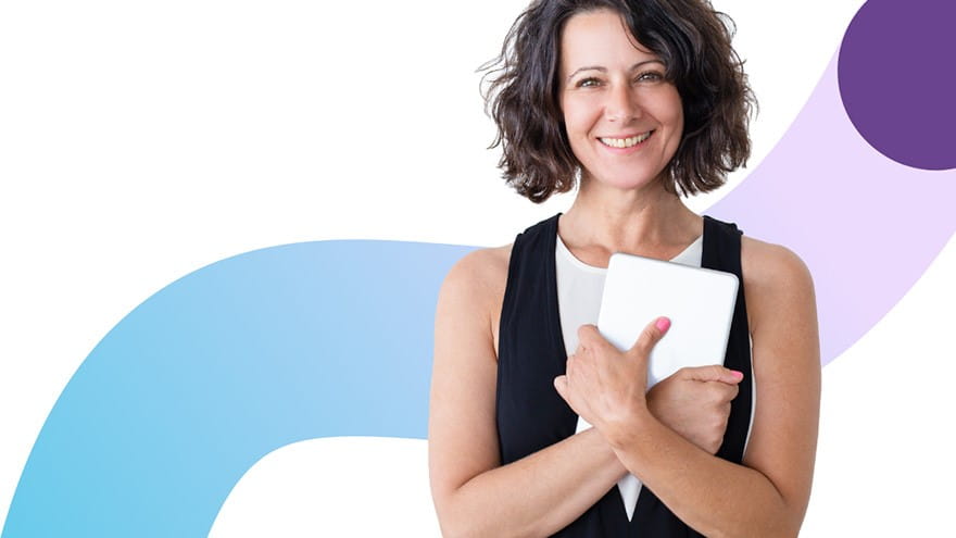 An image of a teacher holding a tablet, likely in an educational or professional setting, using technology to facilitate teaching and learning.