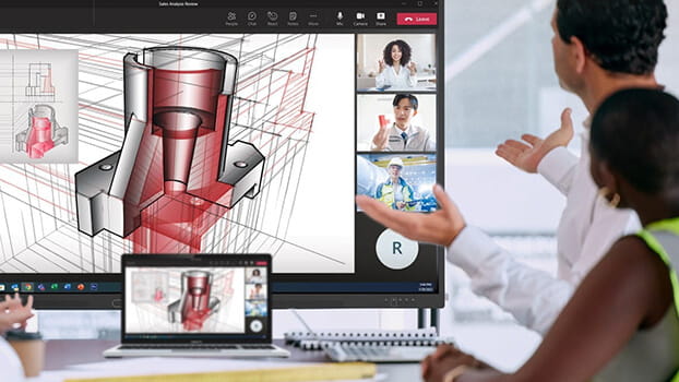 Professionals discuss engineering design on a SMART interactive displayduring a Teams video conference, highlighting virtual collaboration tools.