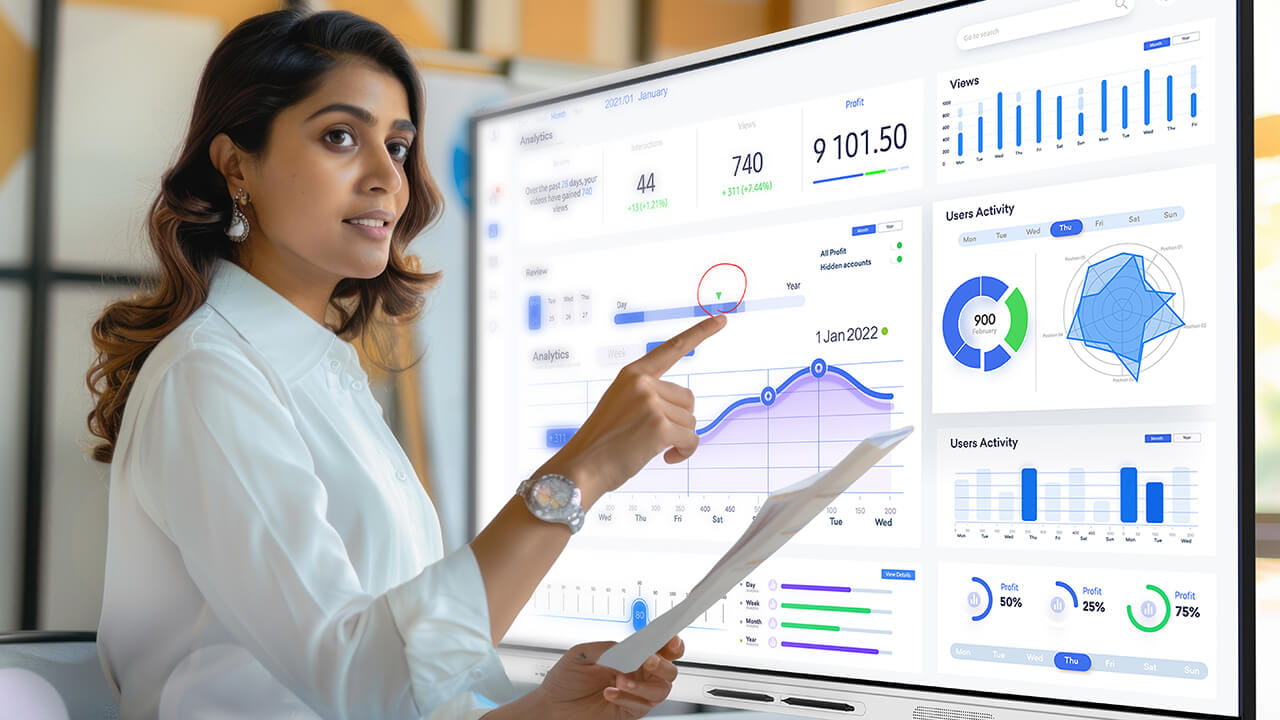 Indian business woman inking on a SMART Board.