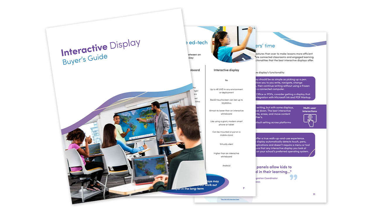 Cover and interior spread of the 'Interactive Display Buyer's Guide' featuring a classroom with a SMART Board and comparison details.
