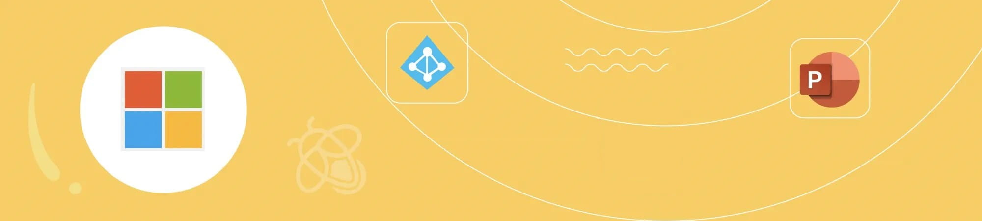 Graphic banner representing Lumio's compatibility with Microsoft products including Windows, Azure, and PowerPoint on a vibrant yellow backdrop.