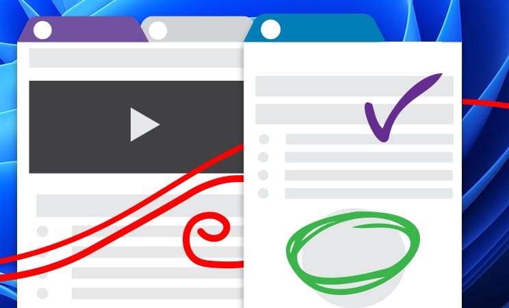The image illustrates SMART Ink's capability to enhance multimedia presentations and documents with annotations, as seen on a split screen featuring a video player and a text document.