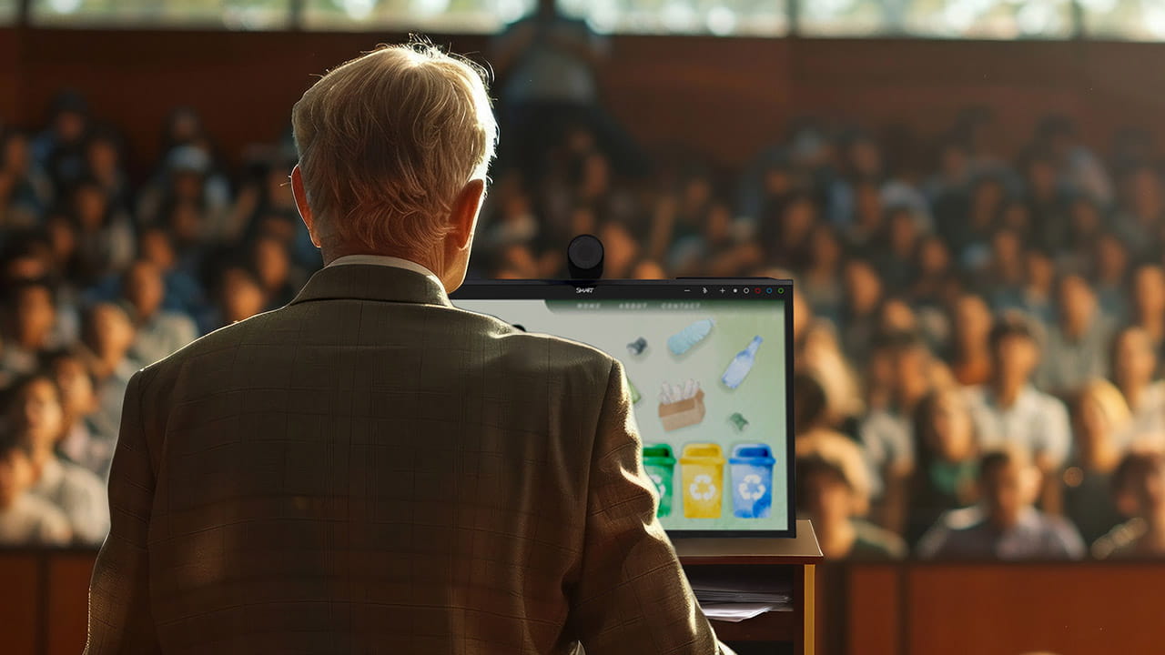 Lecturer using a SMART Board Mini Interactive Podium in a large assembly hall.
