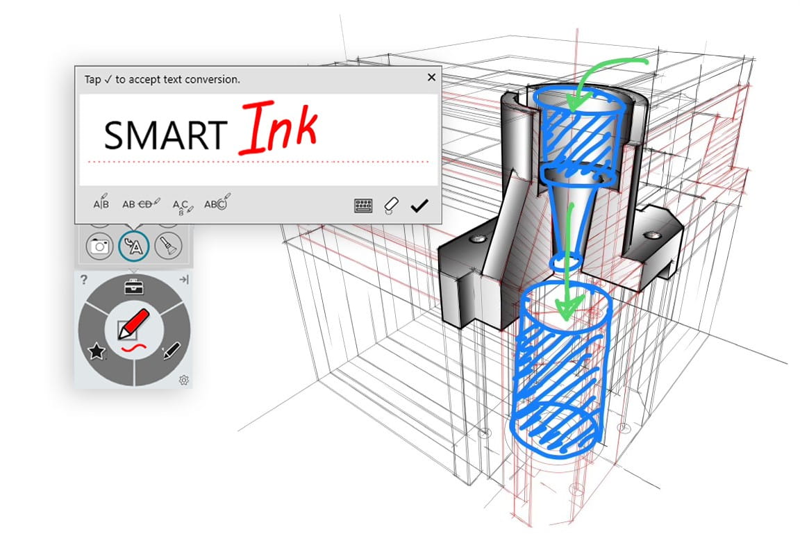 Interactive SMART Board screen displaying a machinery component sketch being annotated with SMART Ink technology.