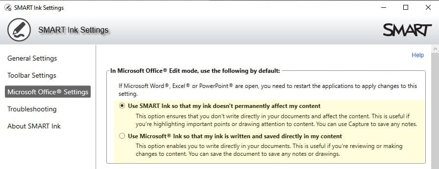 Settings panel for SMART Ink in Microsoft Office, showing options for ink interaction with document content.