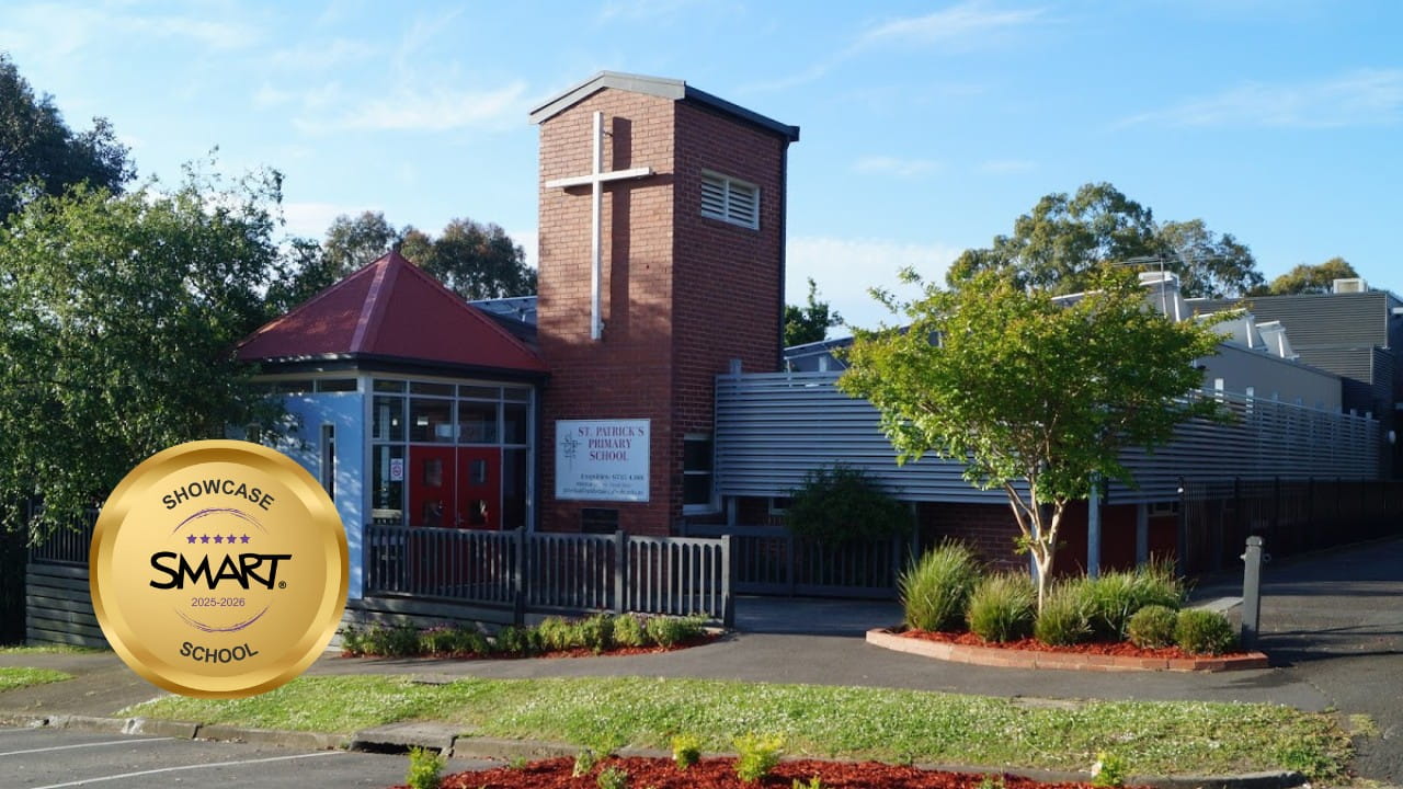 St. Patrick's Primary School with SMART Showcase School 2025–2026 badge.