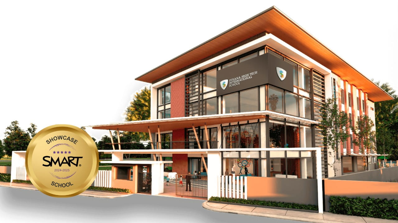 Surana High Tech International School building with SMART Showcase School 2024–2025 badge.