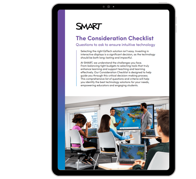 A tablet displaying the SMART Consideration Checklist guide for selecting intuitive EdTech solutions.
