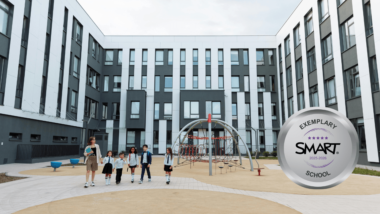 Yas Education Academy with SMART Exemplary School 2025–2026 badge.