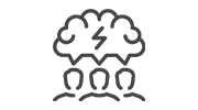Icon depicting a cloud with a lightning bolt and three silhouettes below, symbolizing collaboration or brainstorming.