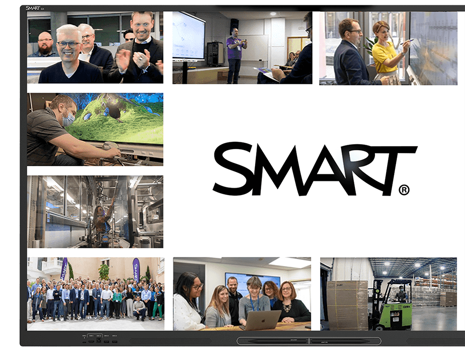 A SMART GX Zero series display showcasing a collage of images that depict diverse people engaging with SMART in different environments, centered around the bold SMART logo.