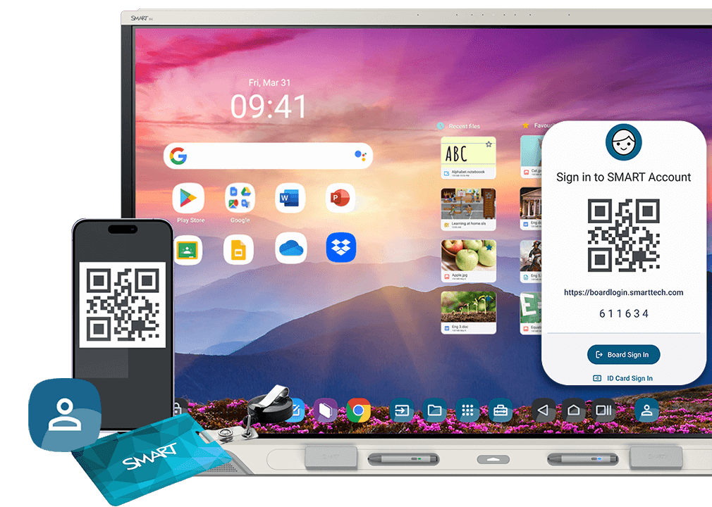 SMART Board RX series with iQ 4 displaying secure sign-in options, including QR code on a smartphone and direct screen access, emphasizing enhanced security features.