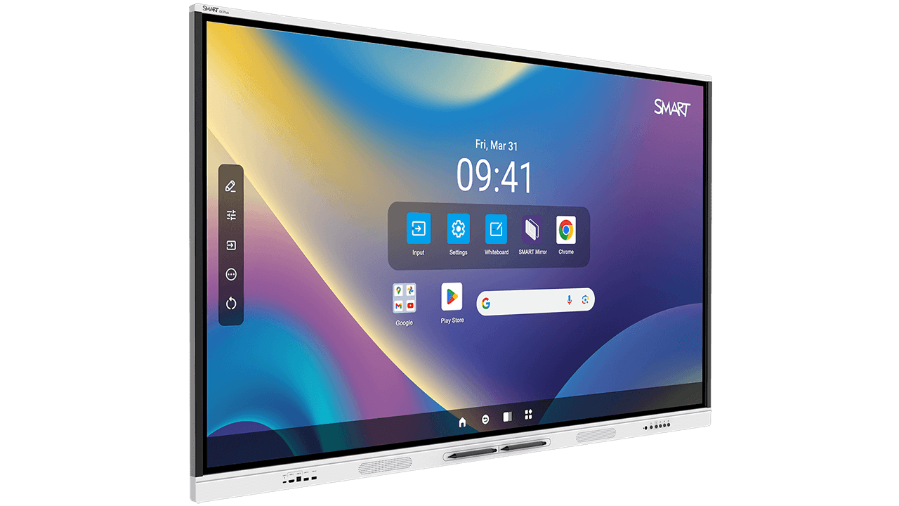 Angled view of the SMART Board GX Plus series with an interactive home screen.