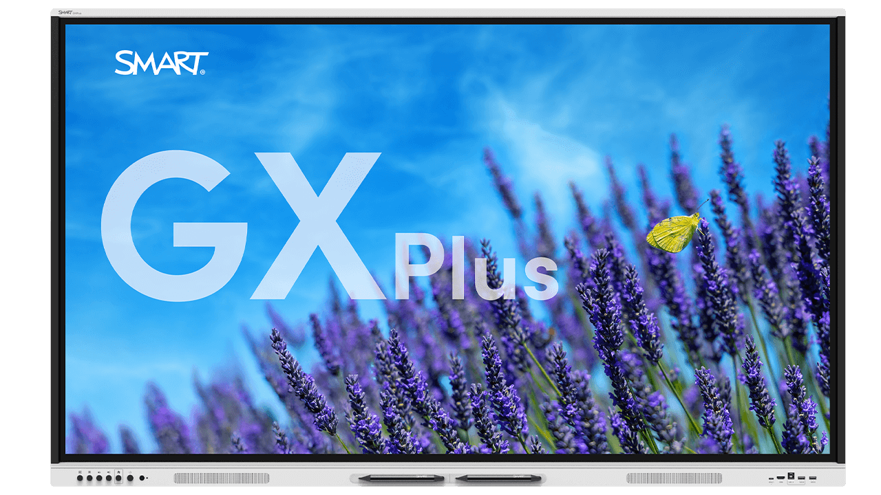 SMART Board GX Plus series front view with a vibrant lavender field and a butterfly background.