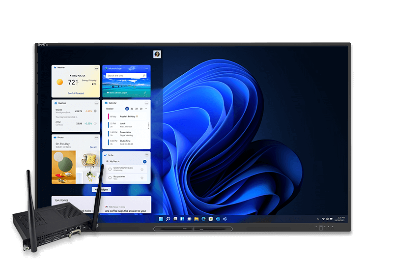A SMART Board GX Zero series interactive display with a connected OPS module, showcasing Windows desktop interface with vibrant wallpaper.