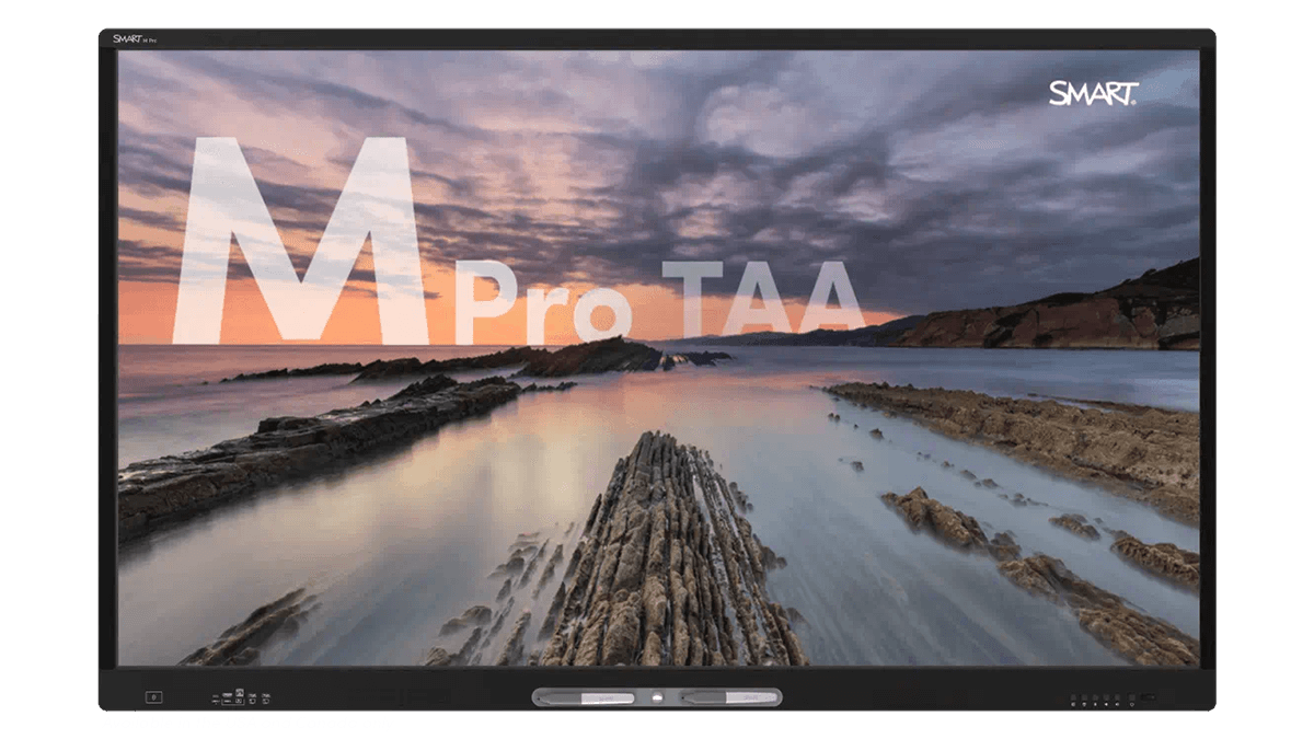 High-resolution image of a coastal sunset displayed on the TAA-compliant SMART Board M Pro series, emphasizing clarity and vibrant colors, with a text below saying "Available in USA and Canada only".