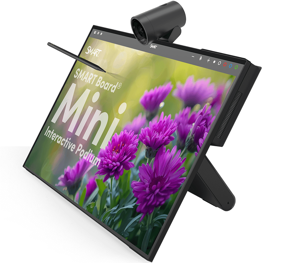 Angled view of the SMART Board Mini Interactive Podium with an integrated camera, pen, and a floral-themed display.