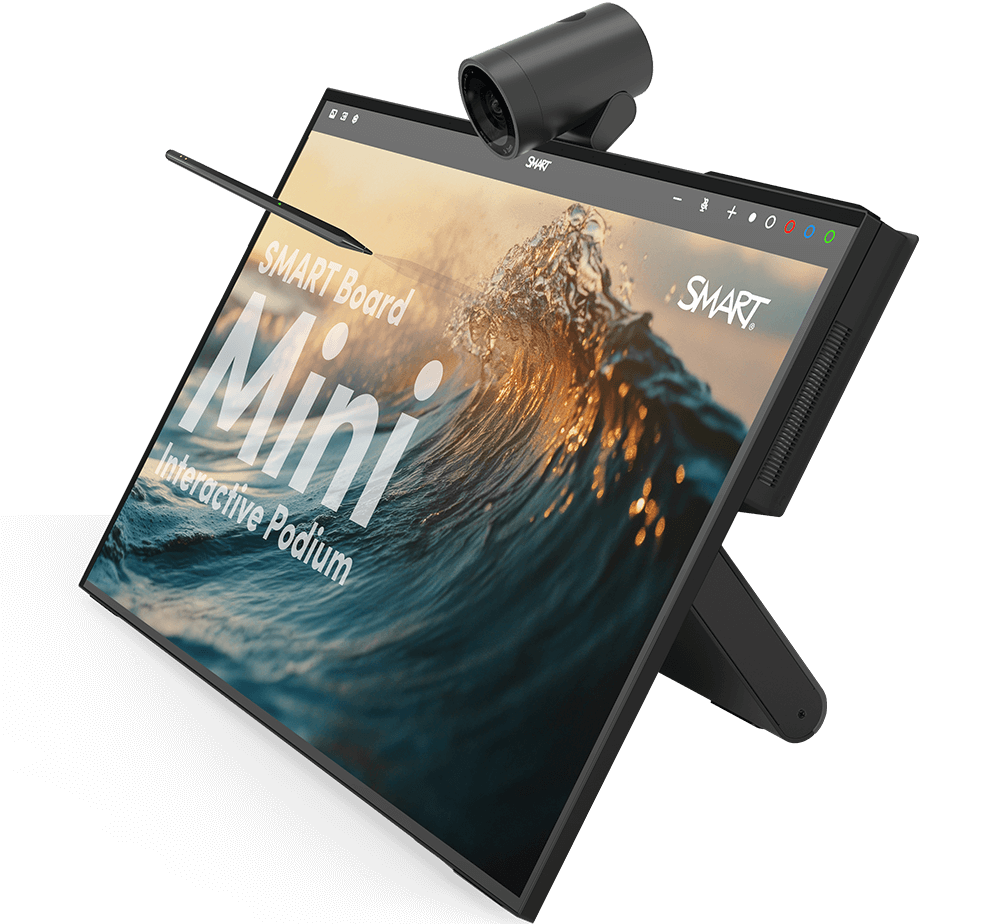 A close-up angled view of the SMART Board Mini Interactive Podium, showcasing its sleek design and built-in camera.