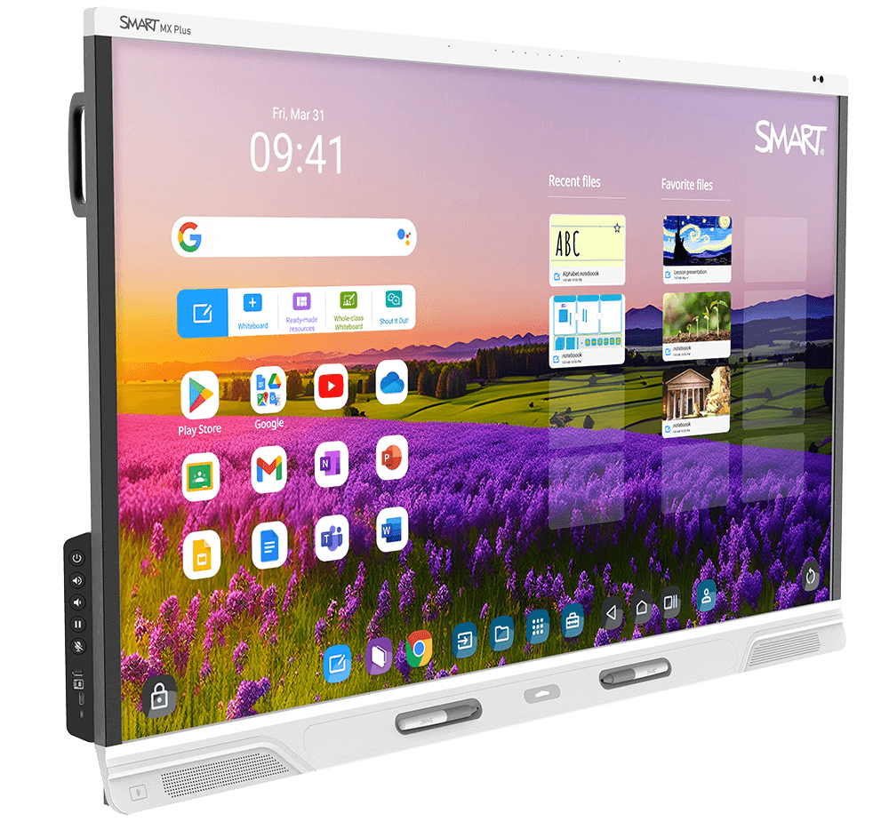 Angled view of the SMART Board MX Plus series with a vibrant landscape background displaying an interactive home screen with various apps.