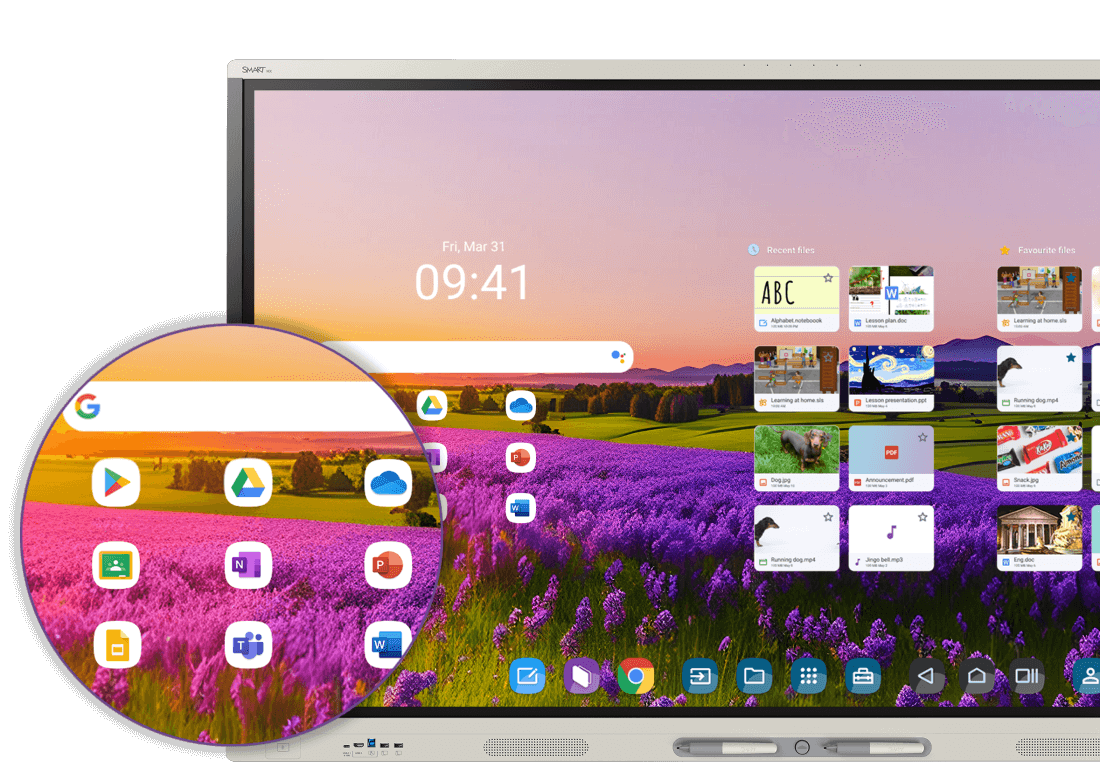 A SMART Board MX series display showcases an enlarged user interface with a clock and a variety of educational applications against a stunning lavender field background, demonstrating the board's interactive capabilities for education.