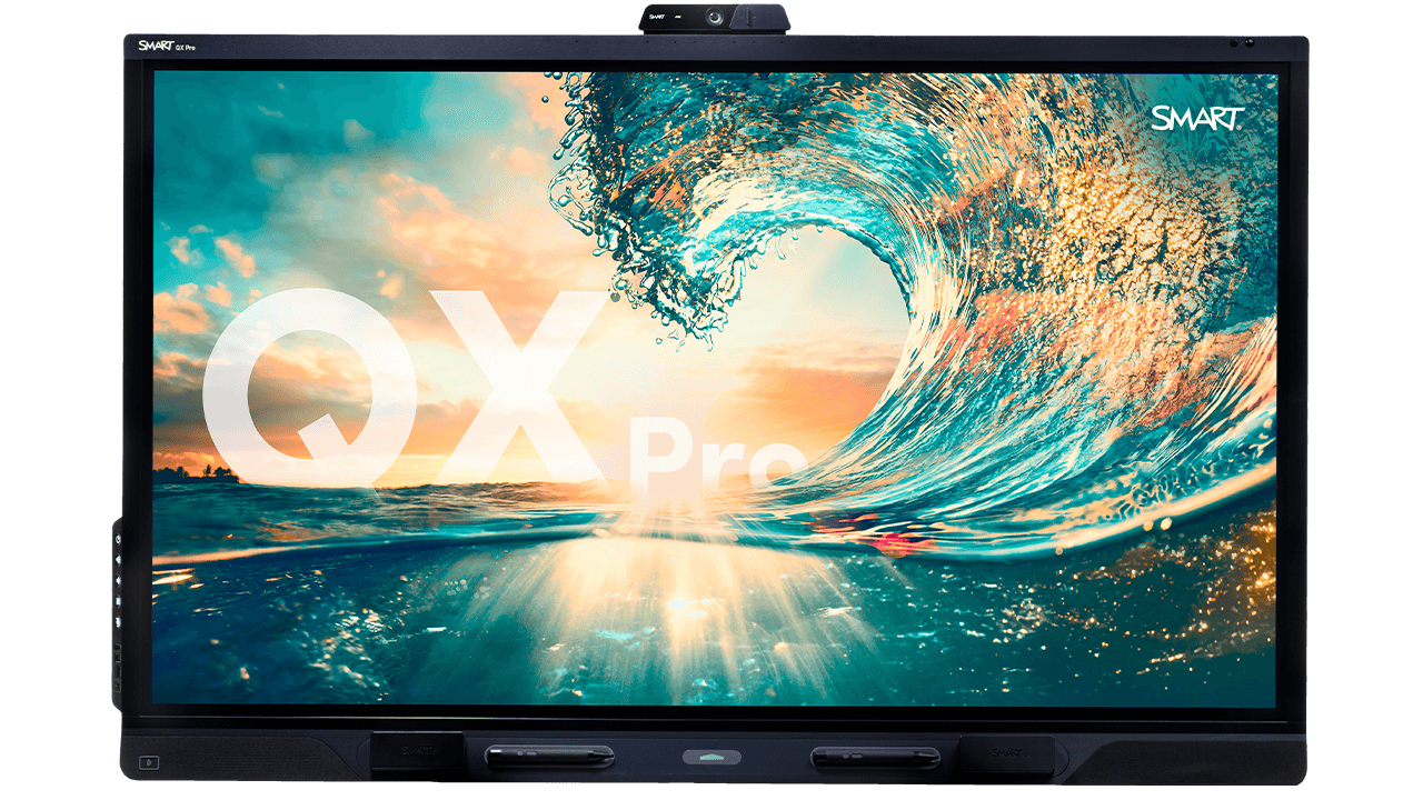 Interactive SMART Board QX Pro model with a colorful display showing the time and quick access buttons for Whiteboard, Input, Screen Share, Apps, and Browser on the screen, with visible speakers and a webcam at the top.
