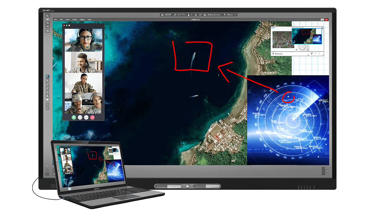 A SMART Board displaying a satellite view with live annotations and video call integration.