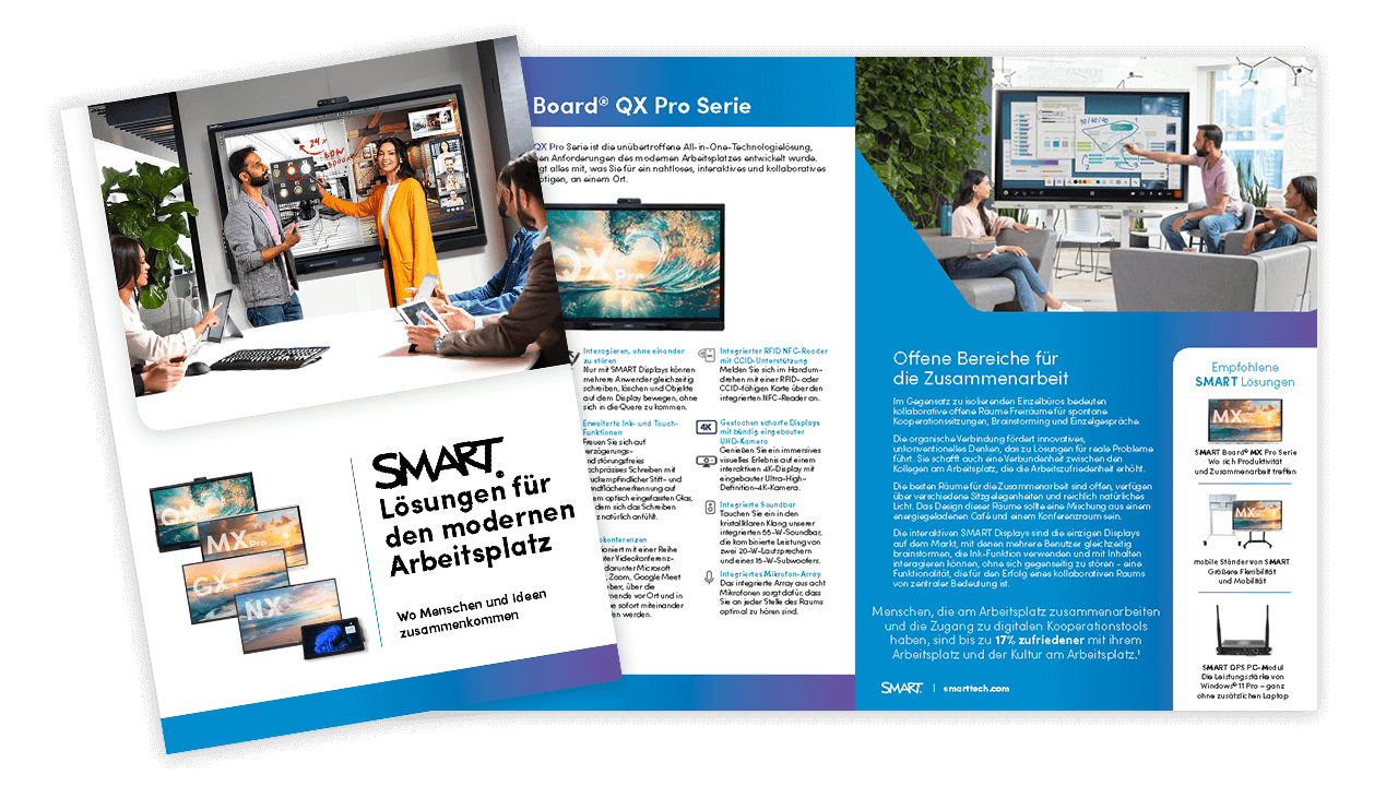 Cover and interior spread of SMART's 'Solutions for the Modern Workplace' brochure, highlighting collaboration tools.