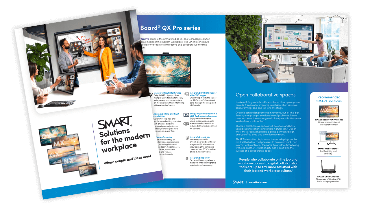 Cover and interior spread of SMART's 'Solutions for the Modern Workplace' brochure, highlighting collaboration tools.