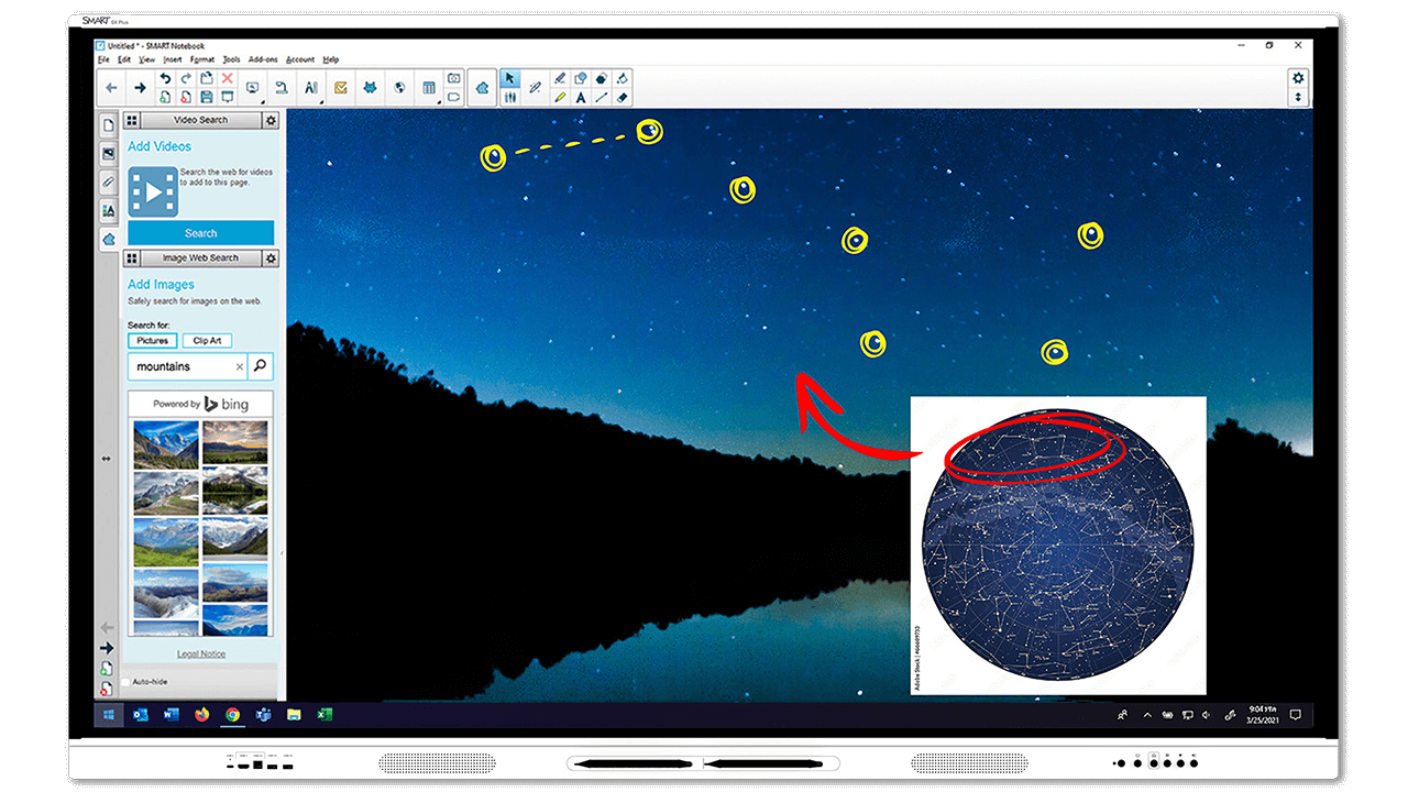 SMART Notebook lesson displaying an interactive astronomy activity with the Big Dipper constellation and a star map on a SMART Board.