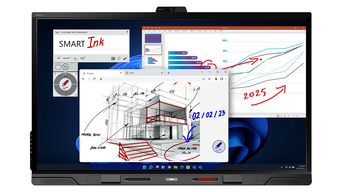 QX Pro SMART Board displaying advanced SMART Ink annotation with architectural drawings, web navigation, and financial chart modifications.