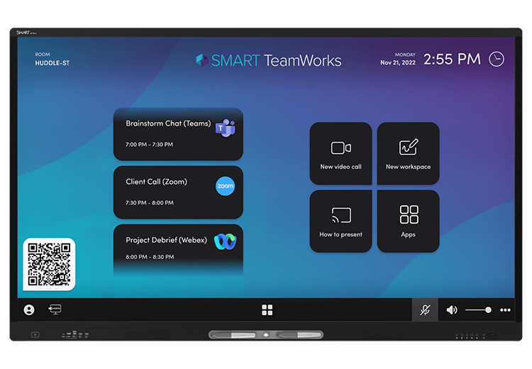 Close-up of an interactive display screen running SMART TeamWorks software, featuring a user-friendly interface with tools like calendar, contacts, and files, enhancing on-premises meeting management.