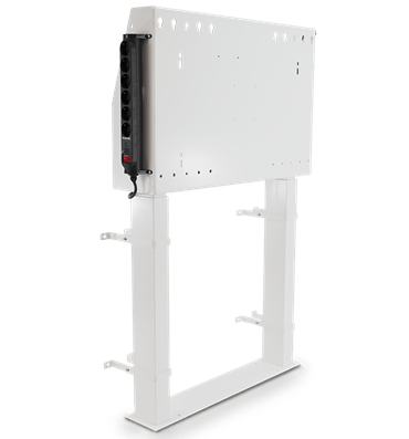 A white SMART wall stand with a height-adjustable mount and a power strip, engineered to transfer the weight of a display to the floor, which mitigates the need for wall reinforcement.