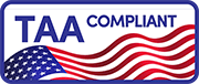 U.S. flag graphic with 'TAA Compliant' label, symbolizing compliance with trade regulations.