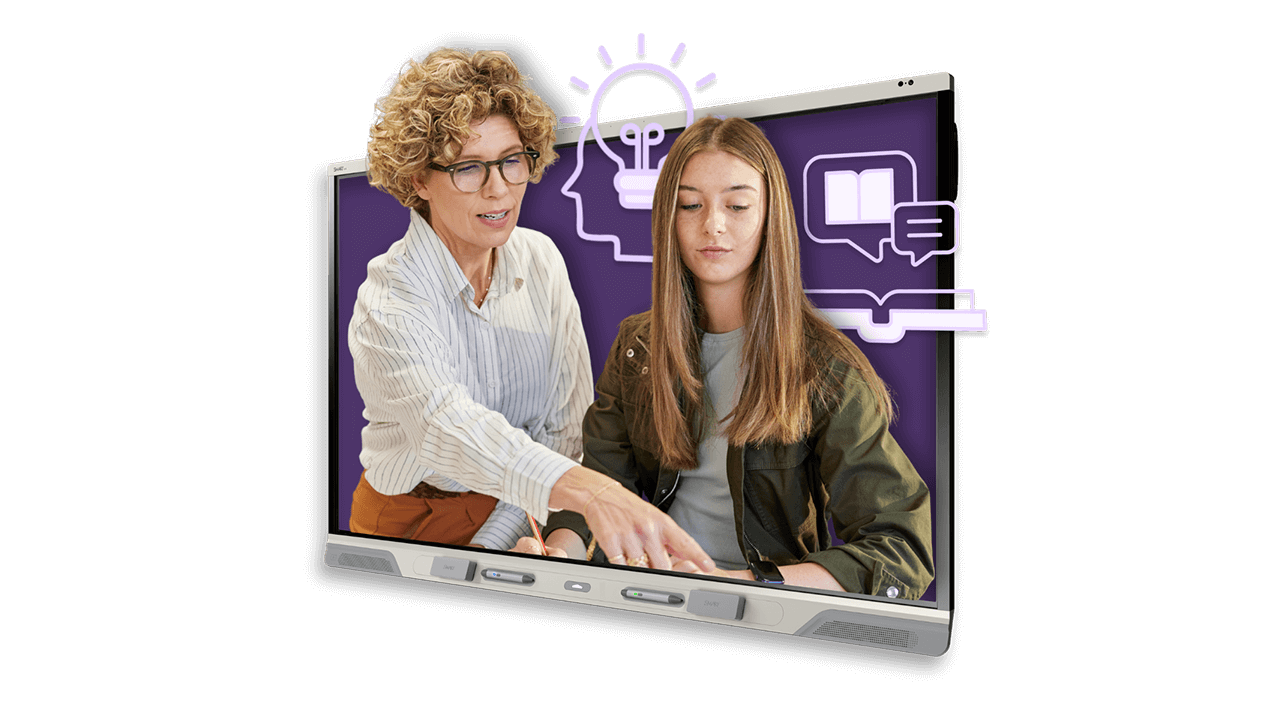 Teacher helping a student while inset in a SMART Board