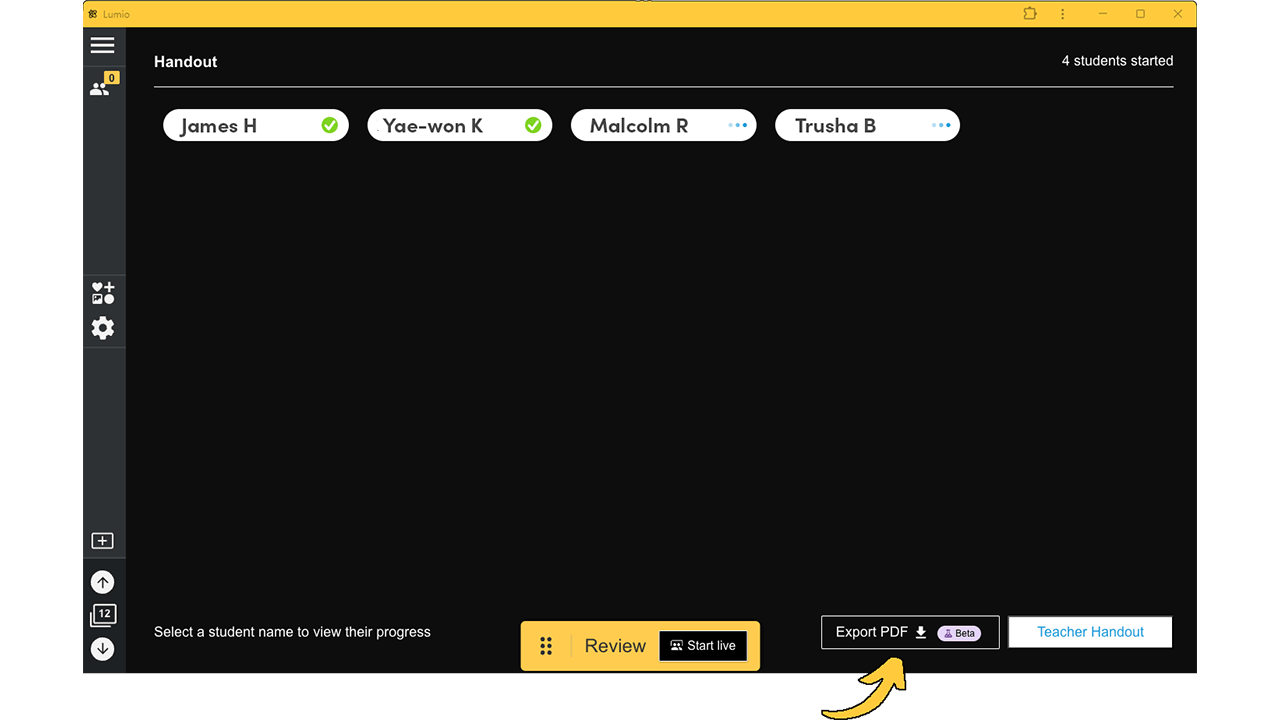 Screen capture showing how to export handouts in Lumio