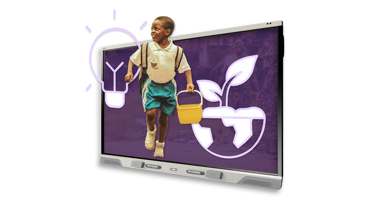 Young boy carrying a yellow bucket while inset within a SMART Board